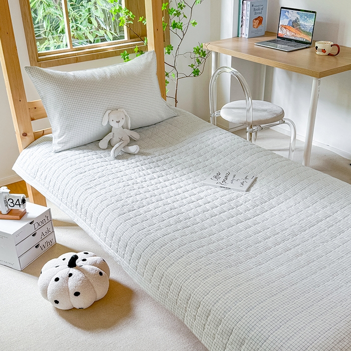 91家纺网 家纺一手货源 找家纺 拾物记 2025新款全棉纯棉色织水洗棉床盖学生宿舍三件套上下铺三件套 米乐蓝