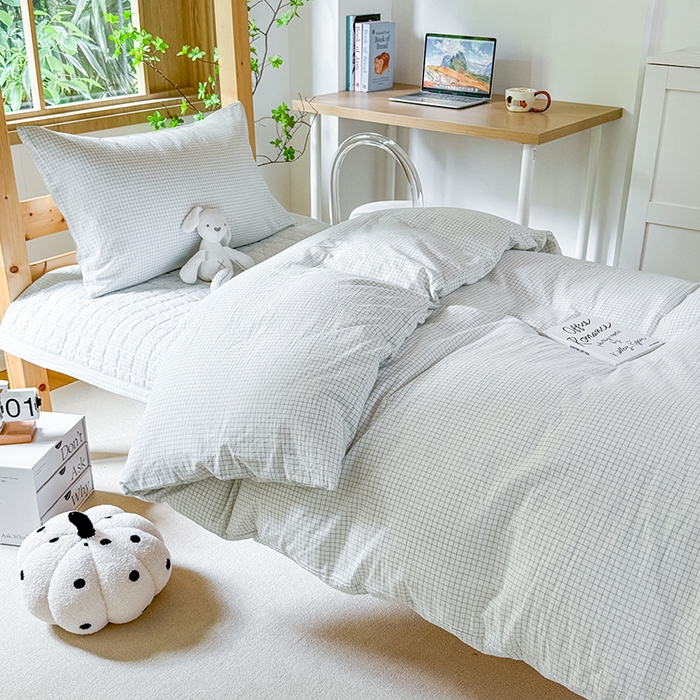 91家纺网 家纺一手货源 找家纺 拾物记 2025新款全棉纯棉色织水洗棉床盖学生宿舍三件套上下铺三件套 米乐蓝