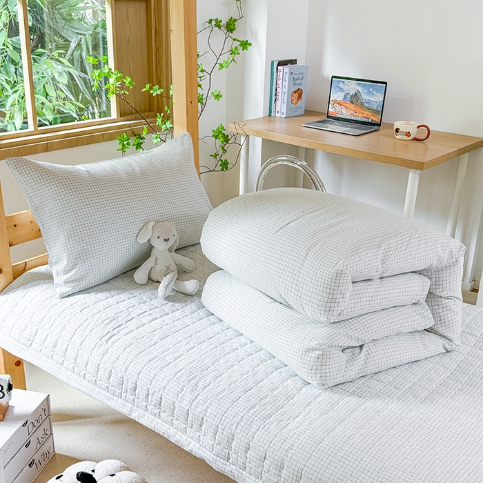 91家纺网 家纺一手货源 找家纺 拾物记 2025新款全棉纯棉色织水洗棉床盖学生宿舍三件套上下铺三件套 米乐蓝