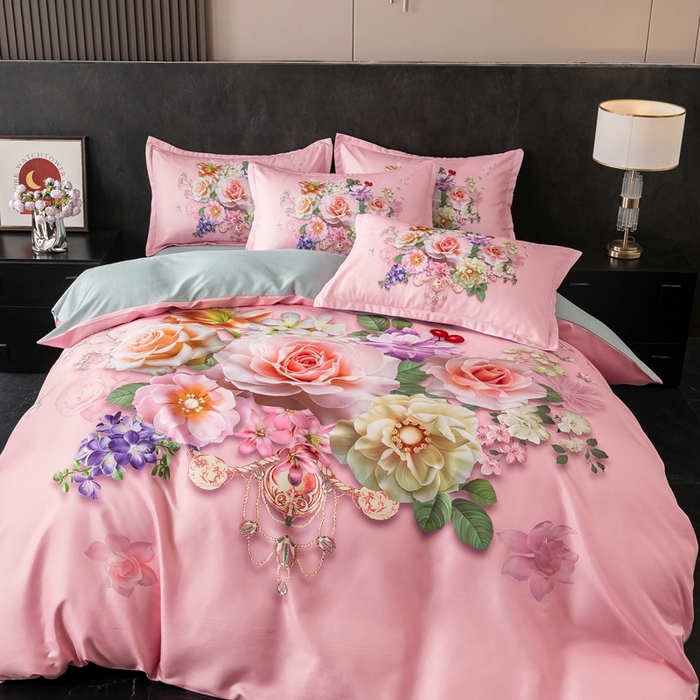 91家纺网 家纺一手货源 找家纺 大麦乐田 2025秋冬新款大版花卉四件套直播爆款 盛世牡丹 粉