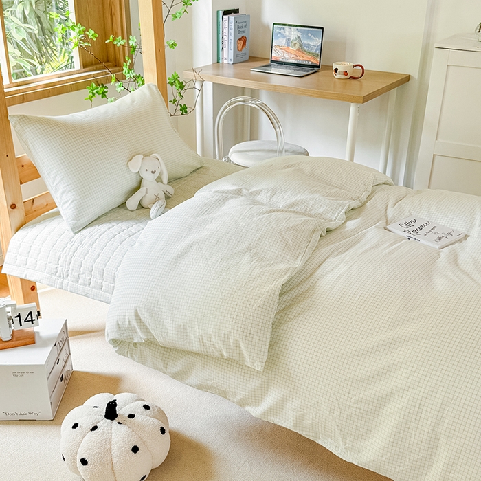 91家纺网 家纺一手货源 找家纺 拾物记 2025新款全棉纯棉色织水洗棉床盖学生宿舍三件套上下铺三件套 米乐绿