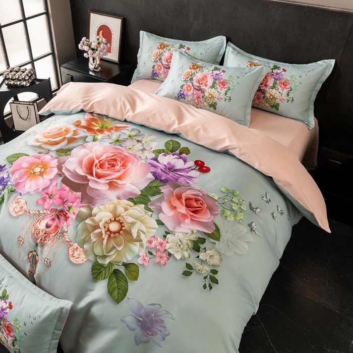 91家纺网 家纺一手货源 找家纺 大麦乐田 2025秋冬新款大版花卉四件套直播爆款 盛世牡丹 绿