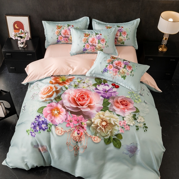 91家纺网 家纺一手货源 找家纺 大麦乐田 2025秋冬新款大版花卉四件套直播爆款 盛世牡丹 绿