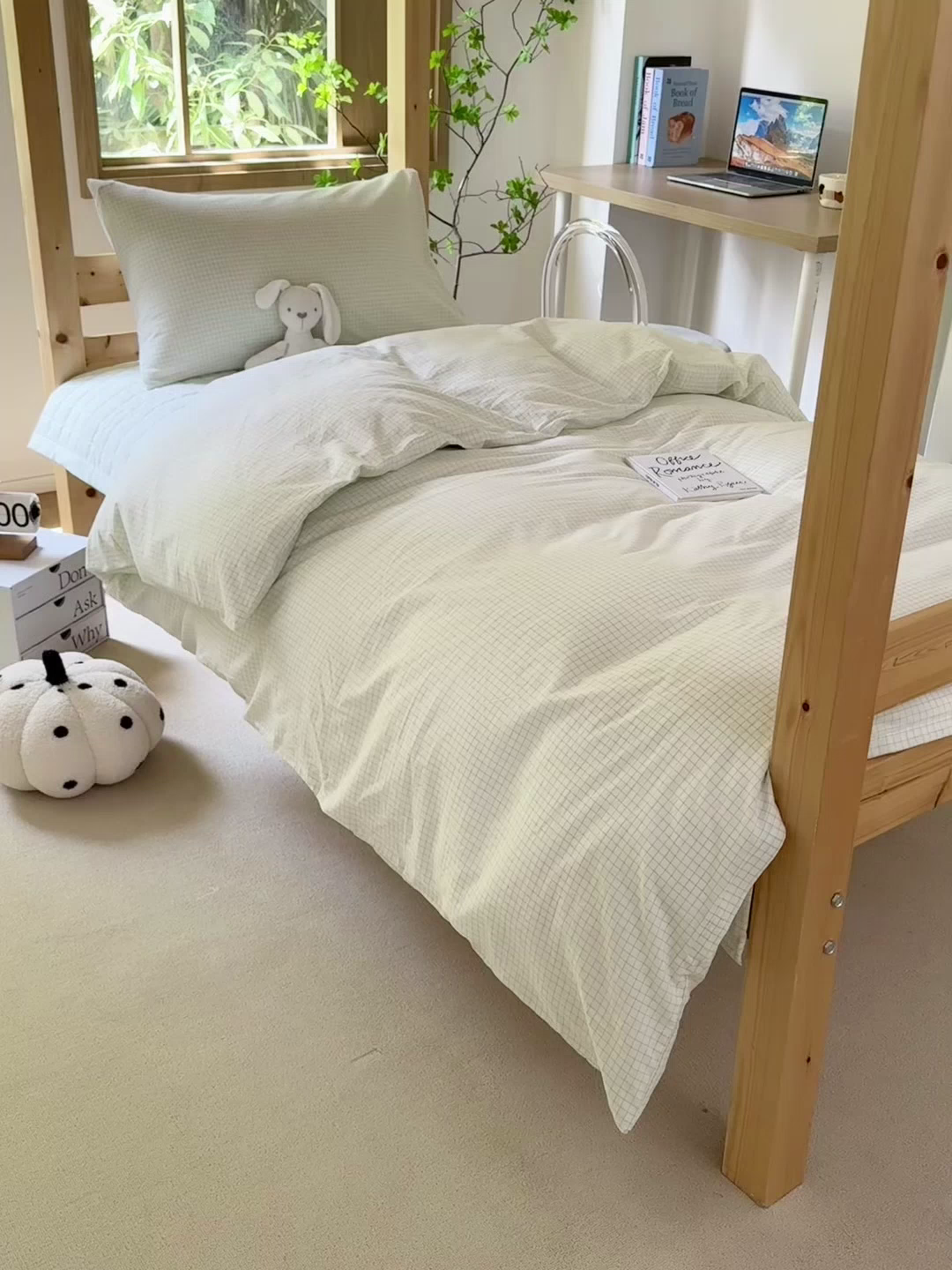 91家纺网 家纺一手货源 找家纺 拾物记 2025新款全棉纯棉色织水洗棉床盖学生宿舍三件套上下铺三件套 米乐绿