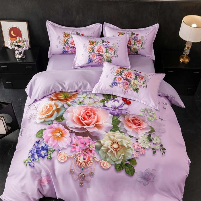 91家纺网 家纺一手货源 找家纺 大麦乐田 2025秋冬新款大版花卉四件套直播爆款 盛世牡丹 紫