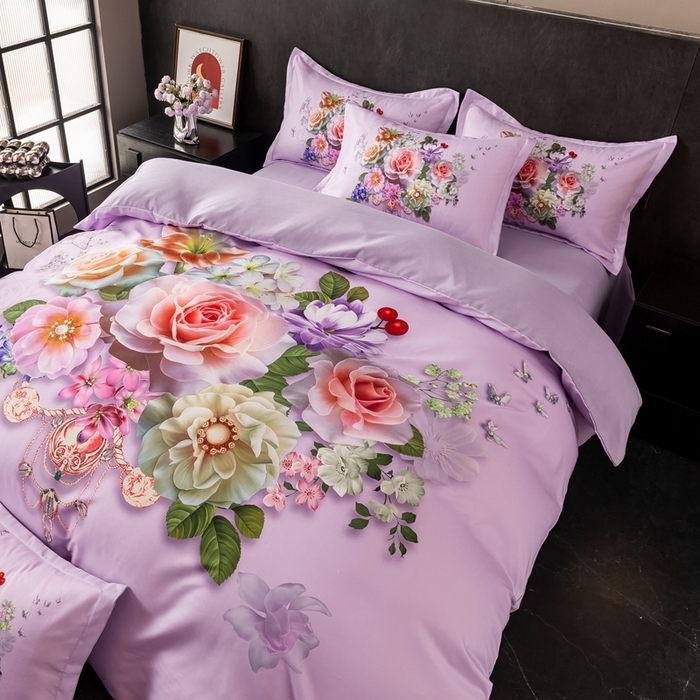 91家纺网 家纺一手货源 找家纺 大麦乐田 2025秋冬新款大版花卉四件套直播爆款 盛世牡丹 紫