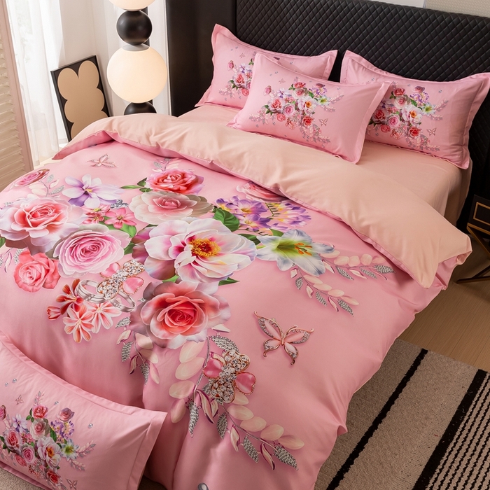 91家纺网 家纺一手货源 找家纺 大麦乐田 2025秋冬新款大版花卉四件套直播爆款 百花齐放 粉