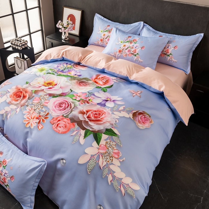 91家纺网 家纺一手货源 找家纺 大麦乐田 2025秋冬新款大版花卉四件套直播爆款 百花齐放 紫兰