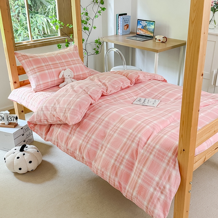 拾物记 2025新款全棉纯棉色织水洗棉床盖学生宿舍三件套上下铺三件套 奶昔粉