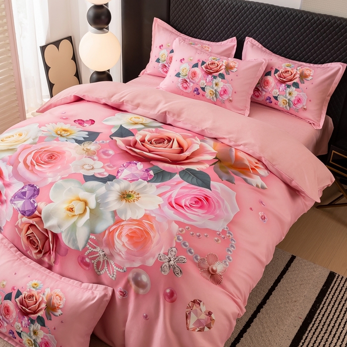 91家纺网 家纺一手货源 找家纺 大麦乐田 2025秋冬新款大版花卉四件套直播爆款 花开富贵