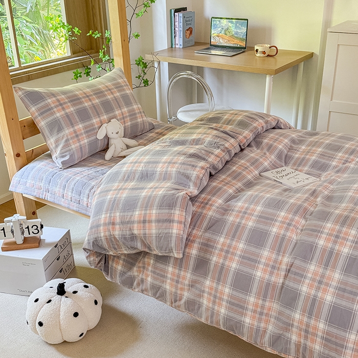 91家纺网 家纺一手货源 找家纺 拾物记 2025新款全棉纯棉色织水洗棉床盖学生宿舍三件套上下铺三件套 奶昔蓝