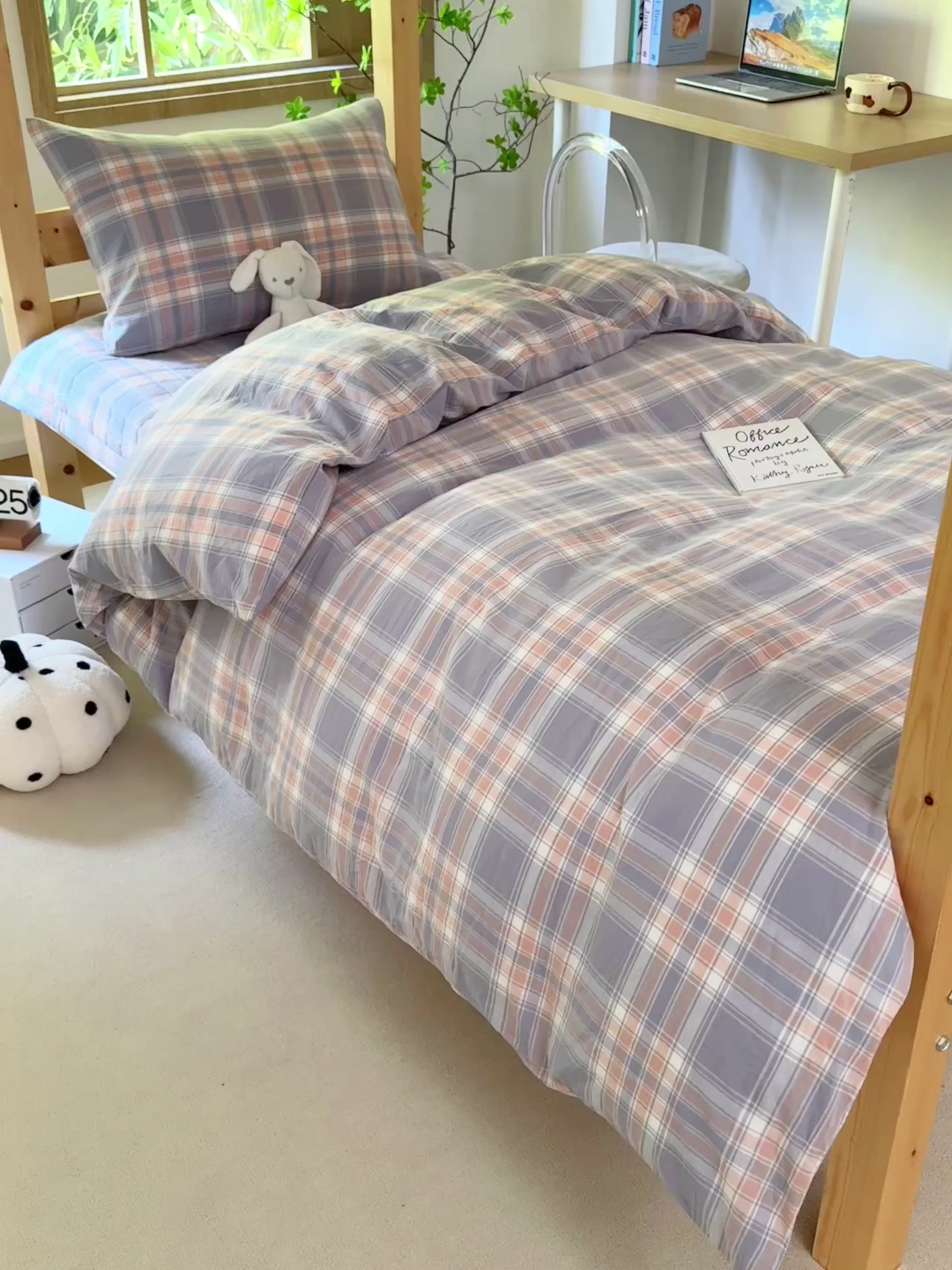 91家纺网 家纺一手货源 找家纺 拾物记 2025新款全棉纯棉色织水洗棉床盖学生宿舍三件套上下铺三件套 奶昔蓝