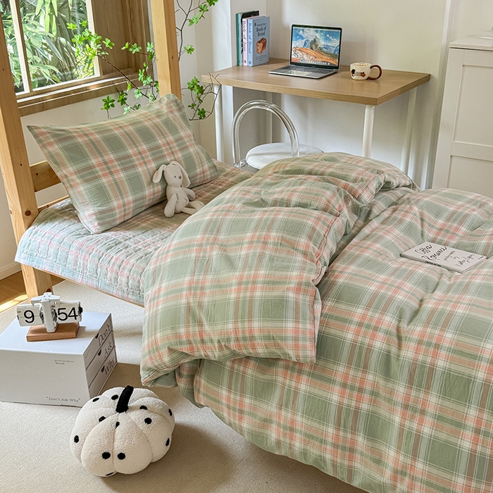 91家纺网 家纺一手货源 找家纺 拾物记 2025新款全棉纯棉色织水洗棉床盖学生宿舍三件套上下铺三件套 奶昔绿