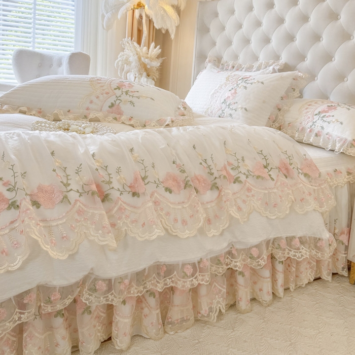 91家纺网 家纺一手货源 找家纺 恋尚 2025新款香云纱床裙四件套系列-莫妮卡 莫妮卡-白