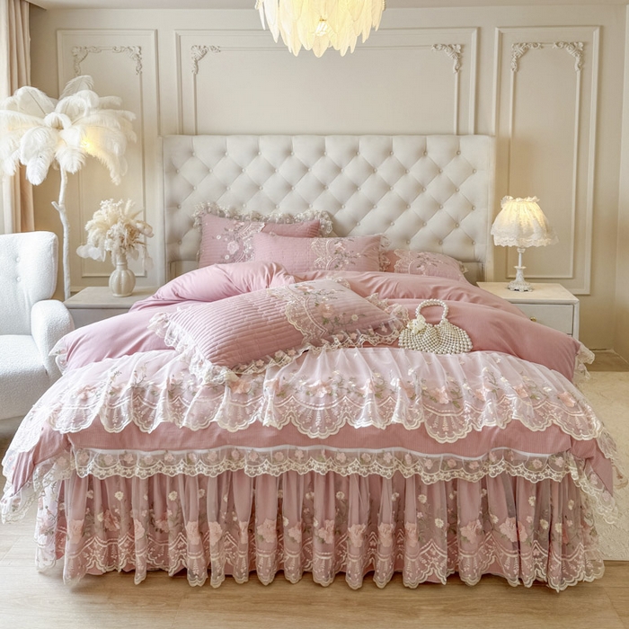 91家纺网 家纺一手货源 找家纺 恋尚 2025新款香云纱床裙四件套系列-莫妮卡 莫妮卡-豆沙