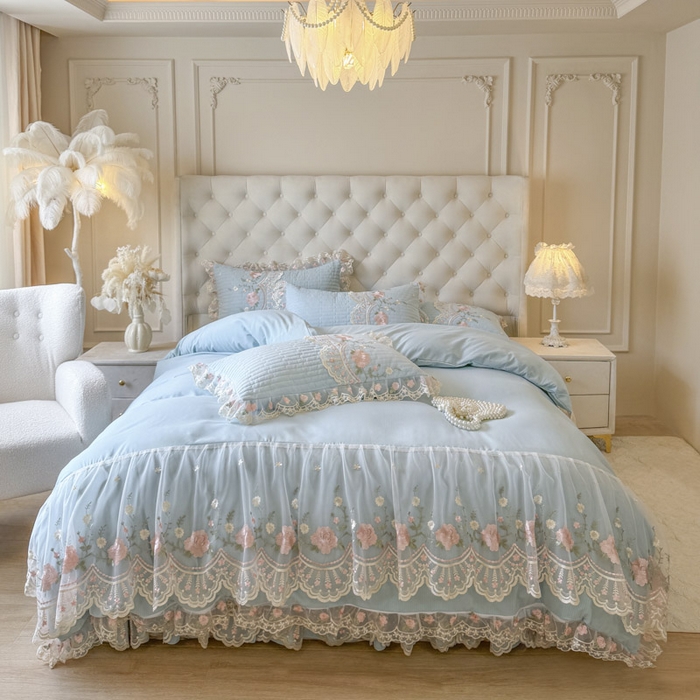 恋尚 2025新款香云纱床裙四件套系列-莫妮卡 莫妮卡-清新蓝