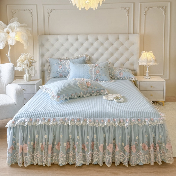 91家纺网 家纺一手货源 找家纺 恋尚 2025新款香云纱床裙四件套系列-莫妮卡 莫妮卡-清新蓝