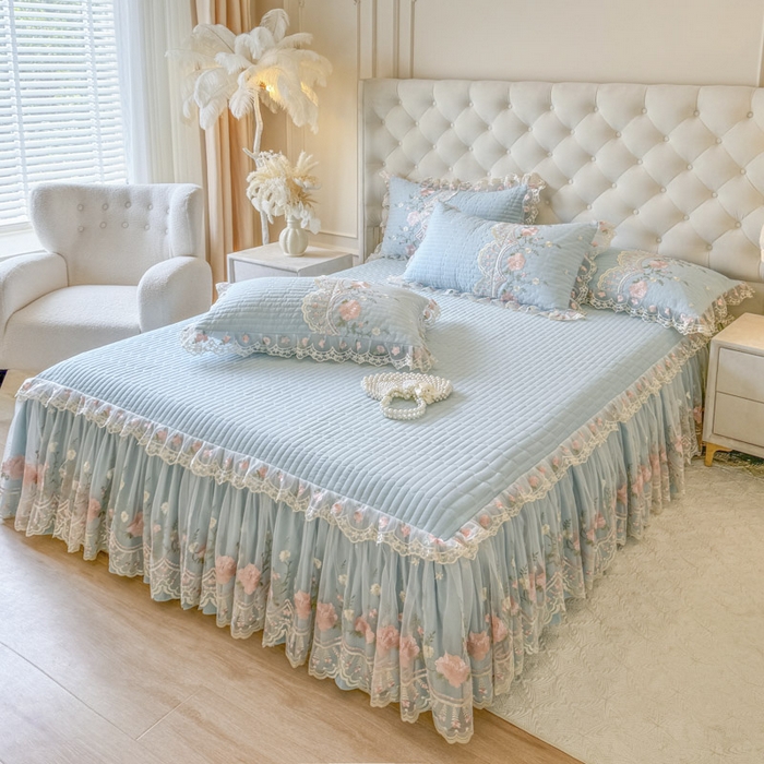 91家纺网 家纺一手货源 找家纺 恋尚 2025新款香云纱床裙四件套系列-莫妮卡 莫妮卡-清新蓝