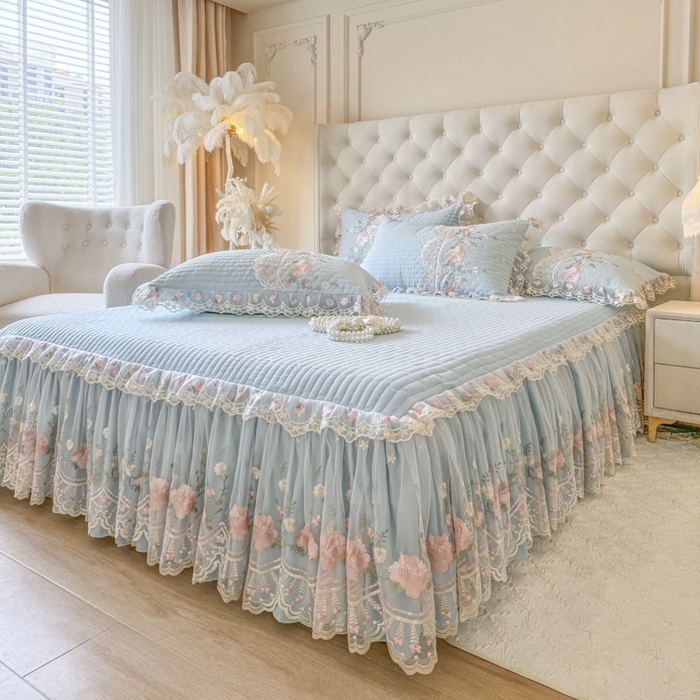 91家纺网 家纺一手货源 找家纺 恋尚 2025新款香云纱床裙四件套系列-莫妮卡 莫妮卡-清新蓝