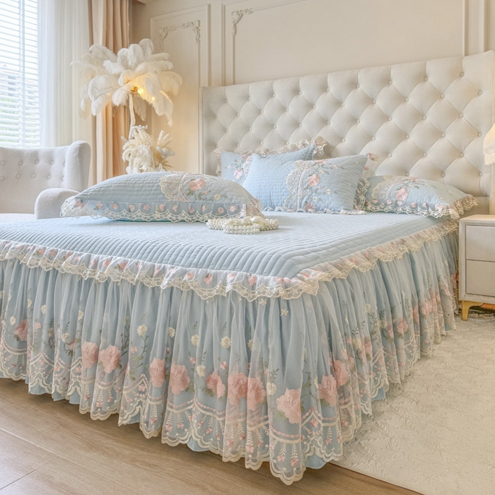 91家纺网 家纺一手货源 找家纺 恋尚 2025新款香云纱床裙四件套系列-莫妮卡 莫妮卡-清新蓝