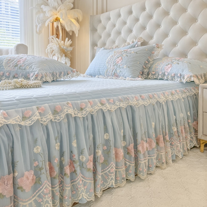 91家纺网 家纺一手货源 找家纺 恋尚 2025新款香云纱床裙四件套系列-莫妮卡 莫妮卡-清新蓝