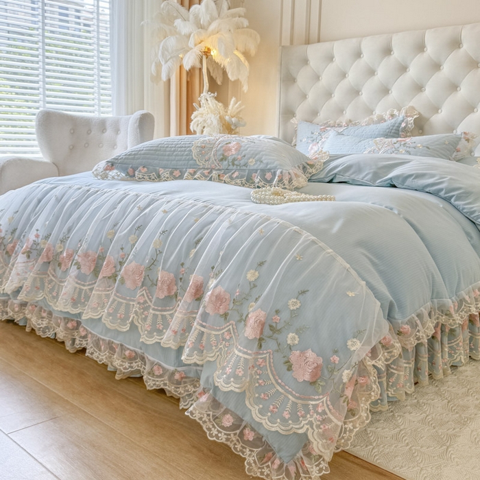 91家纺网 家纺一手货源 找家纺 恋尚 2025新款香云纱床裙四件套系列-莫妮卡 莫妮卡-清新蓝