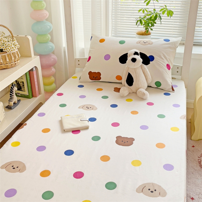 91家纺网 家纺一手货源 找家纺 名兮家居 2025新款全棉纯棉13372学生印花上下铺床笠单床笠单品床笠单件床笠 波点小熊