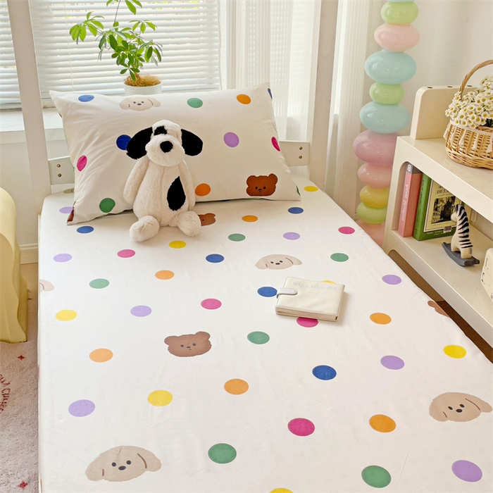 91家纺网 家纺一手货源 找家纺 名兮家居 2025新款全棉纯棉13372学生印花上下铺床笠单床笠单品床笠单件床笠 波点小熊