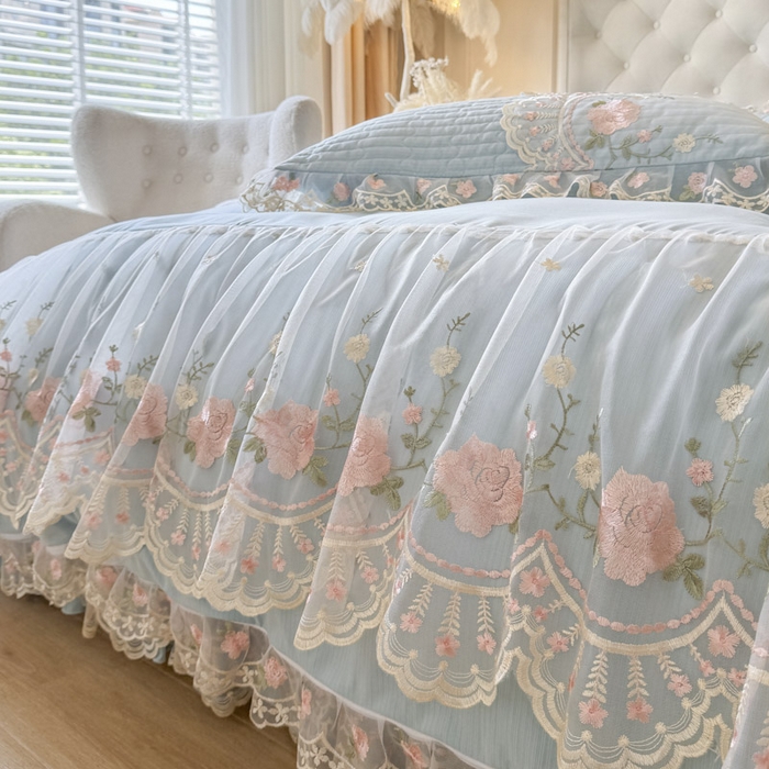 91家纺网 家纺一手货源 找家纺 恋尚 2025新款香云纱床裙四件套系列-莫妮卡 莫妮卡-清新蓝