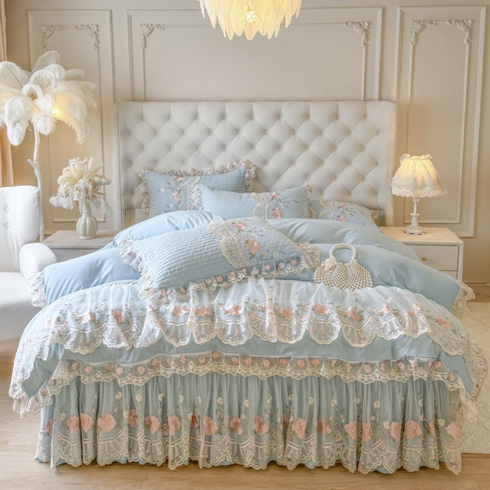 91家纺网 家纺一手货源 找家纺 恋尚 2025新款香云纱床裙四件套系列-莫妮卡 莫妮卡-清新蓝