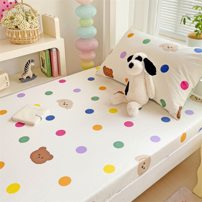 91家纺网 家纺一手货源 找家纺 名兮家居 2025新款全棉纯棉13372学生印花上下铺床笠单床笠单品床笠单件床笠 波点小熊