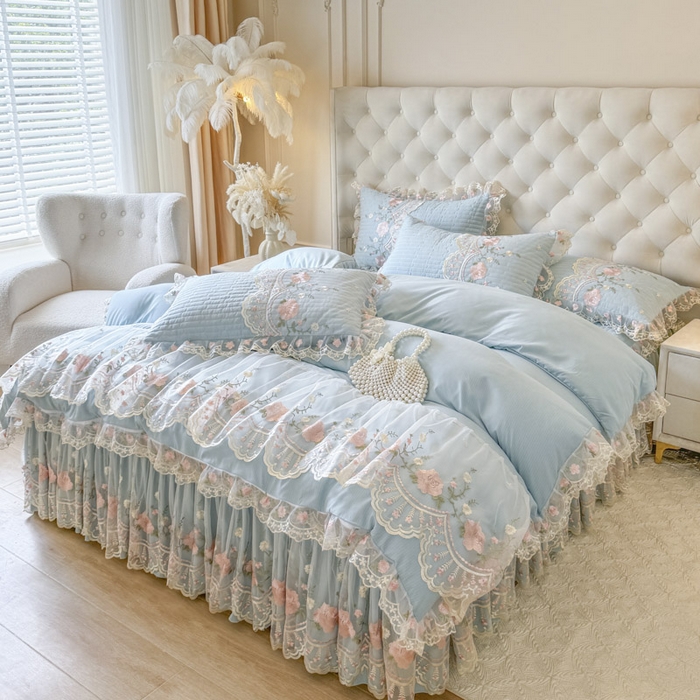 91家纺网 家纺一手货源 找家纺 恋尚 2025新款香云纱床裙四件套系列-莫妮卡 莫妮卡-清新蓝