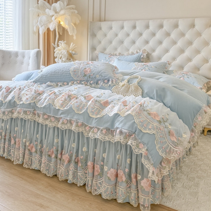 91家纺网 家纺一手货源 找家纺 恋尚 2025新款香云纱床裙四件套系列-莫妮卡 莫妮卡-清新蓝