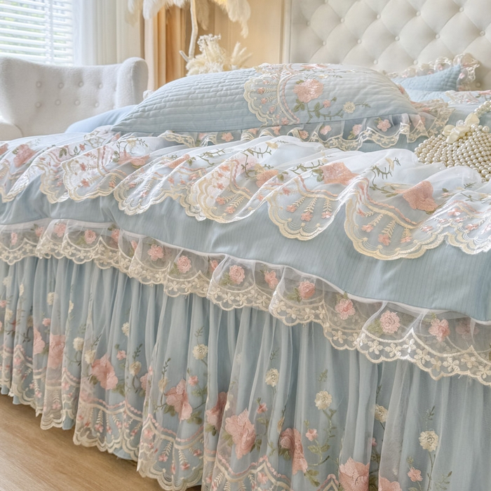 91家纺网 家纺一手货源 找家纺 恋尚 2025新款香云纱床裙四件套系列-莫妮卡 莫妮卡-清新蓝