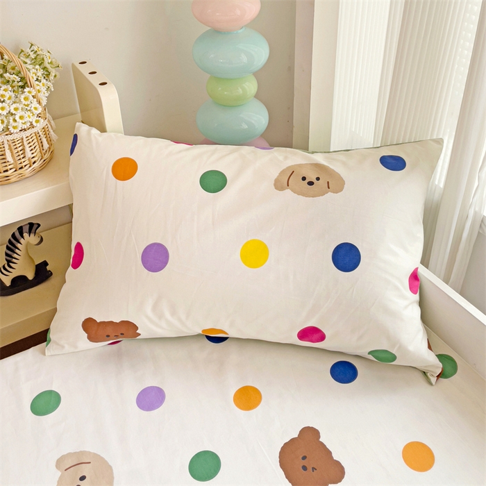 91家纺网 家纺一手货源 找家纺 名兮家居 2025新款全棉纯棉13372学生印花上下铺床笠单床笠单品床笠单件床笠 波点小熊