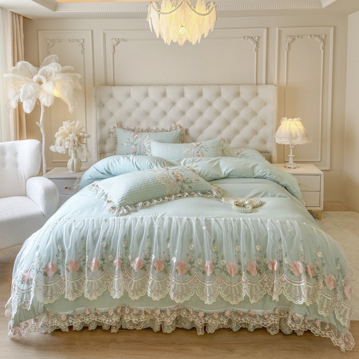 恋尚 2025新款香云纱床裙四件套系列-莫妮卡 莫妮卡-香草绿