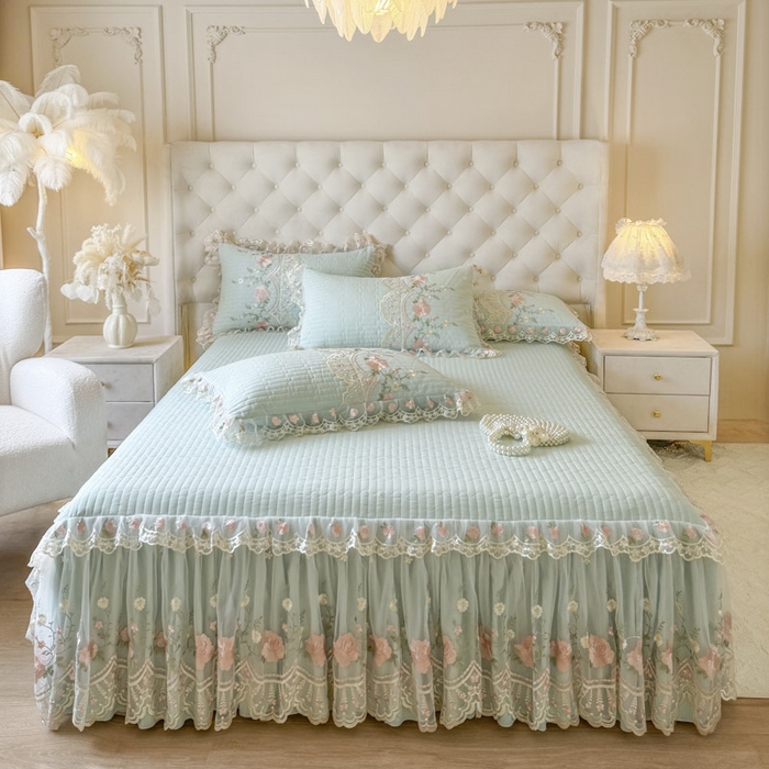 91家纺网 家纺一手货源 找家纺 恋尚 2025新款香云纱床裙四件套系列-莫妮卡 莫妮卡-香草绿