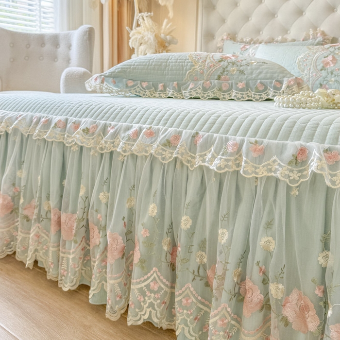 91家纺网 家纺一手货源 找家纺 恋尚 2025新款香云纱床裙四件套系列-莫妮卡 莫妮卡-香草绿