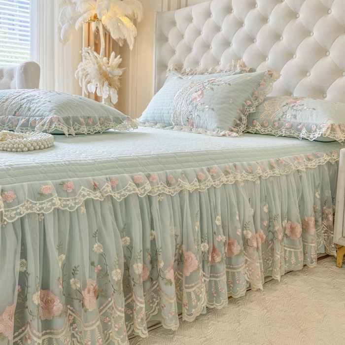 91家纺网 家纺一手货源 找家纺 恋尚 2025新款香云纱床裙四件套系列-莫妮卡 莫妮卡-香草绿