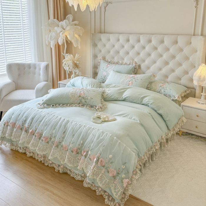 91家纺网 家纺一手货源 找家纺 恋尚 2025新款香云纱床裙四件套系列-莫妮卡 莫妮卡-香草绿