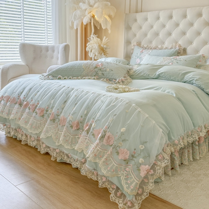 91家纺网 家纺一手货源 找家纺 恋尚 2025新款香云纱床裙四件套系列-莫妮卡 莫妮卡-香草绿