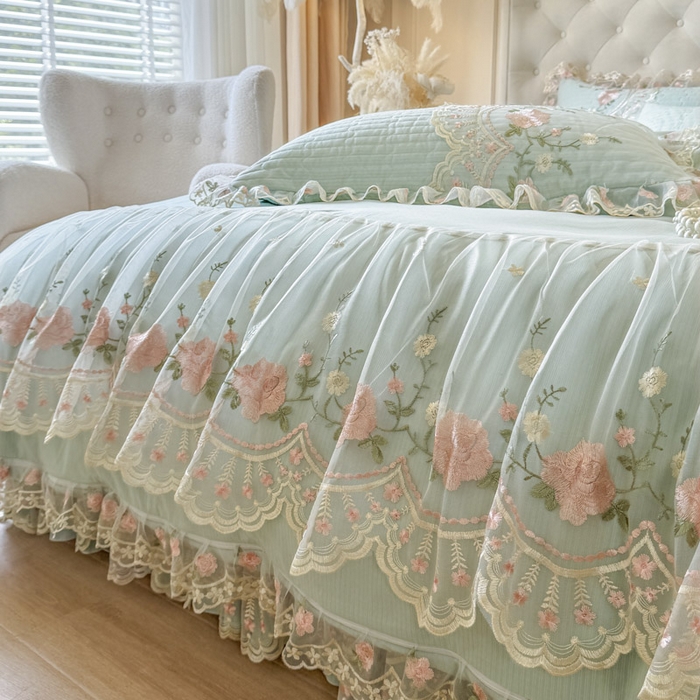 91家纺网 家纺一手货源 找家纺 恋尚 2025新款香云纱床裙四件套系列-莫妮卡 莫妮卡-香草绿