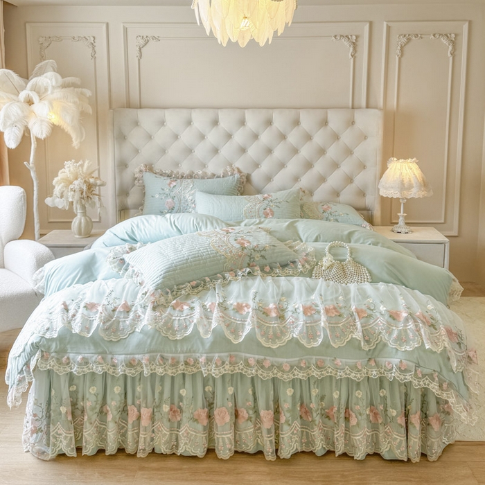 91家纺网 家纺一手货源 找家纺 恋尚 2025新款香云纱床裙四件套系列-莫妮卡 莫妮卡-香草绿