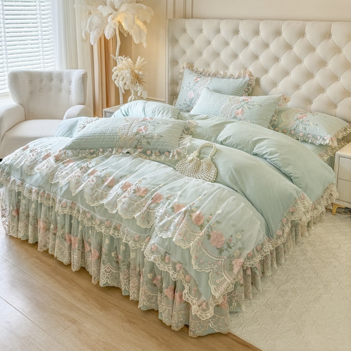 91家纺网 家纺一手货源 找家纺 恋尚 2025新款香云纱床裙四件套系列-莫妮卡 莫妮卡-香草绿