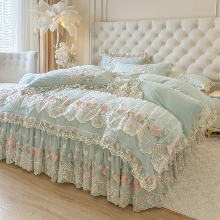 91家纺网 家纺一手货源 找家纺 恋尚 2025新款香云纱床裙四件套系列-莫妮卡 莫妮卡-香草绿