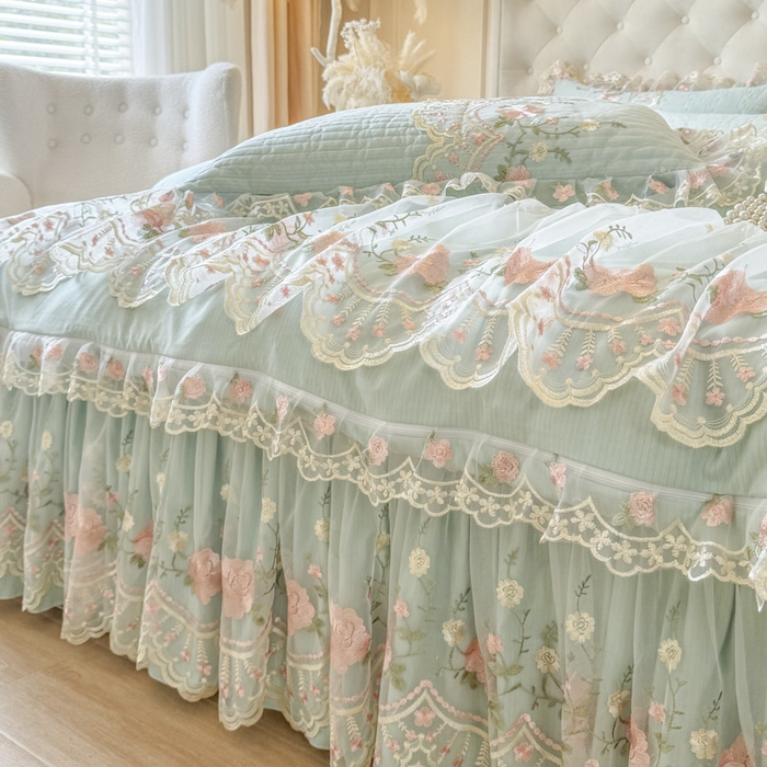 91家纺网 家纺一手货源 找家纺 恋尚 2025新款香云纱床裙四件套系列-莫妮卡 莫妮卡-香草绿