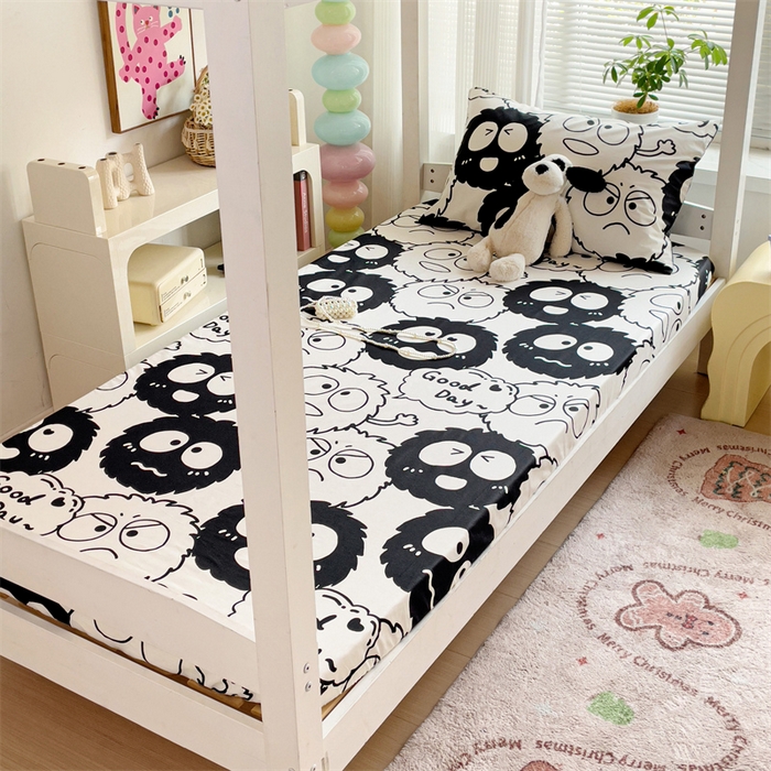 91家纺网 家纺一手货源 找家纺 名兮家居 2025新款全棉纯棉13372学生印花上下铺床笠单床笠单品床笠单件床笠 黑煤球