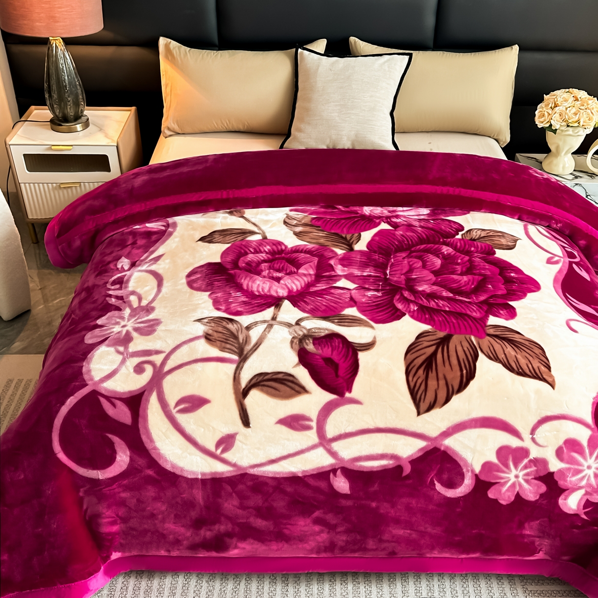 91家纺网 家纺一手货源 找家纺 法莱妮毛毯 2025新款双层加厚拉舍尔毛毯 婚庆 单双人 厂家直销可定制 百年好合