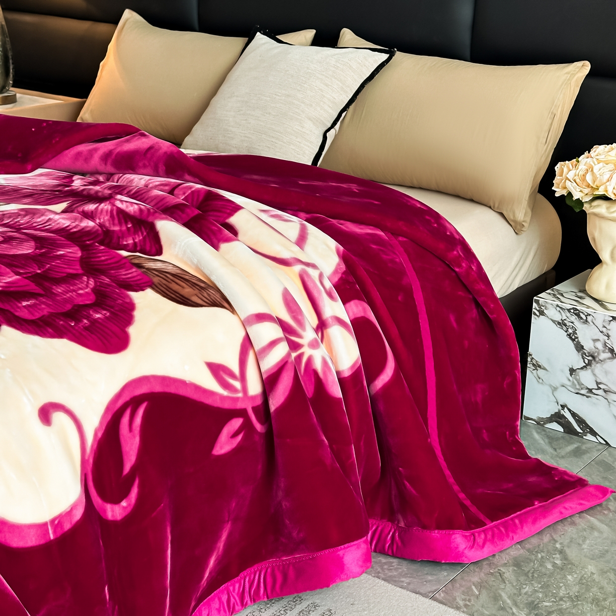 91家纺网 家纺一手货源 找家纺 法莱妮毛毯 2025新款双层加厚拉舍尔毛毯 婚庆 单双人 厂家直销可定制 百年好合