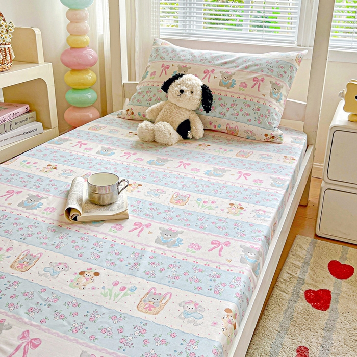 91家纺网 家纺一手货源 找家纺 名兮家居 2025新款全棉纯棉13372学生印花上下铺床笠单床笠单品床笠单件床笠 花篮熊